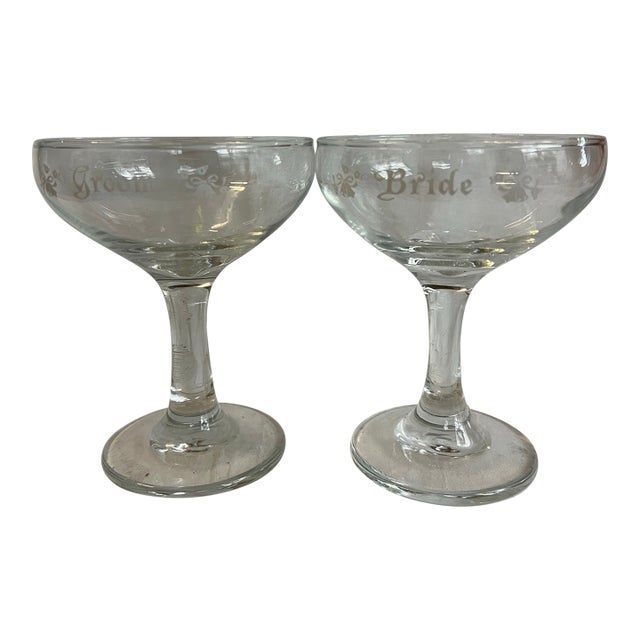 1970s Bride and Groom Etched Champagne Glasses - a Pair For Sale