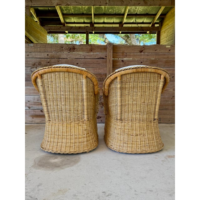 Contemporary Pair of Vintage Michael Taylor Style Braided Rattan Wicker Lounge Armchairs For Sale - Image 3 of 12