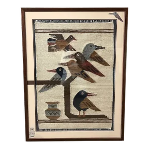Artisan Peruvian Hand Loomed Tapestry With Birds - Framed