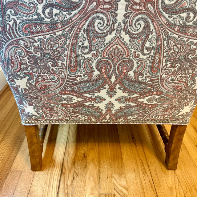 Wood Wesley Hall Barley Twist Davis Wingback Chair in Paisley Tapestry and Nailhead Trim For Sale - Image 7 of 10