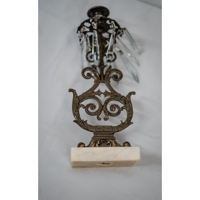 Bronze 1950s Hollywood Regency Bronze and Crystal Candelabra Pair on Marble Base. For Sale - Image 8 of 8