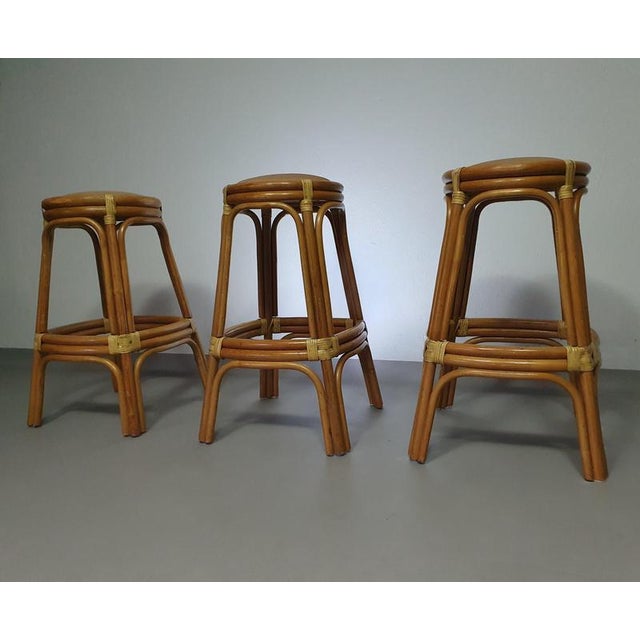 Bamboo Stools with Leather Seats, 1970s, Set of 3 For Sale - Image 14 of 15