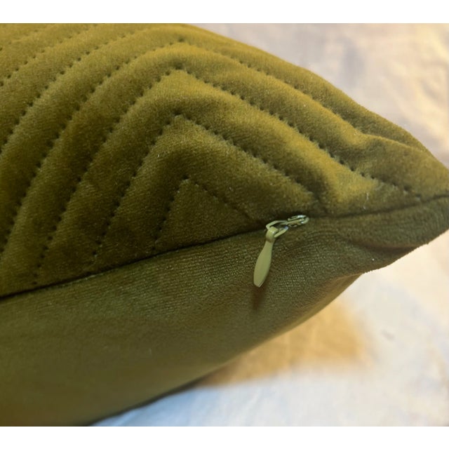 Olive Velvet Chevron Stitched Decorative Pillow For Sale - Image 4 of 8