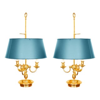 Empire Brass Bouillotte Lamps with Green Tole Shades, 1960s, Set of 2 For Sale