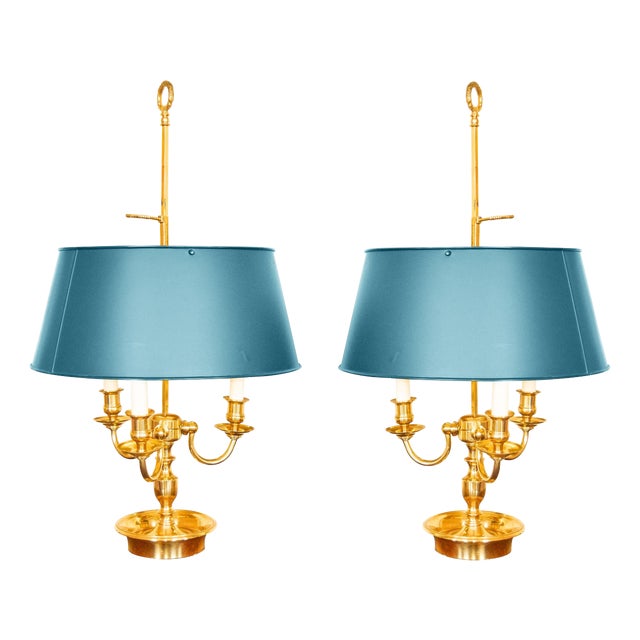 Empire Brass Bouillotte Lamps with Green Tole Shades, 1960s, Set of 2 For Sale