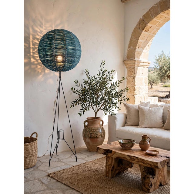 Rare, original Mid-Century lamp from the 1950s Black metal tripod with large, handcrafted blue raffia sphere Ornamental,...