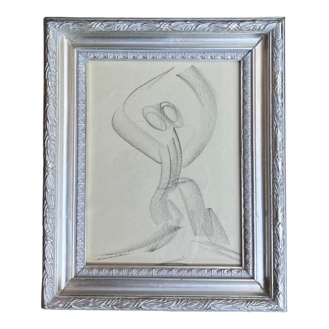 1970’s Original Abstract Charcoal Dancing Figure Study Drawing Silver Frame For Sale