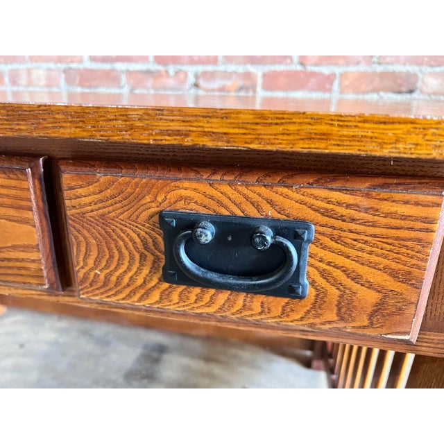 Wood Vintage Stickley Style Mission Arts & Crafts Solid Spindle Oak Writing Work Table Desk For Sale - Image 7 of 9