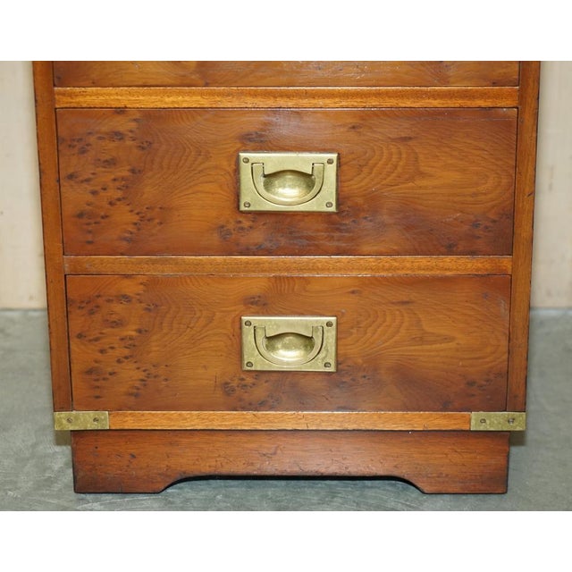 Brown Vintage Burr Yew Wood & Green Leather Military Campaign Nightstands, Set of 2 For Sale - Image 8 of 18