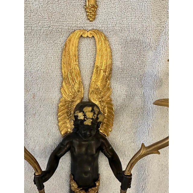 Four Empire Style Gilt and Patinated Bronze Cherub Sconces For Sale In Boston - Image 6 of 6