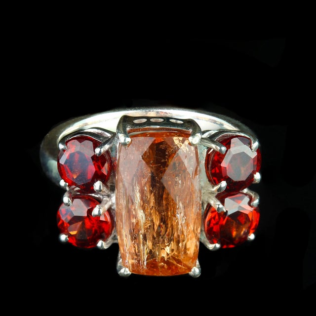 Traditional Bold Dinner Ring of Imperial Topaz and Red Garnets Sterling Silver For Sale - Image 3 of 6