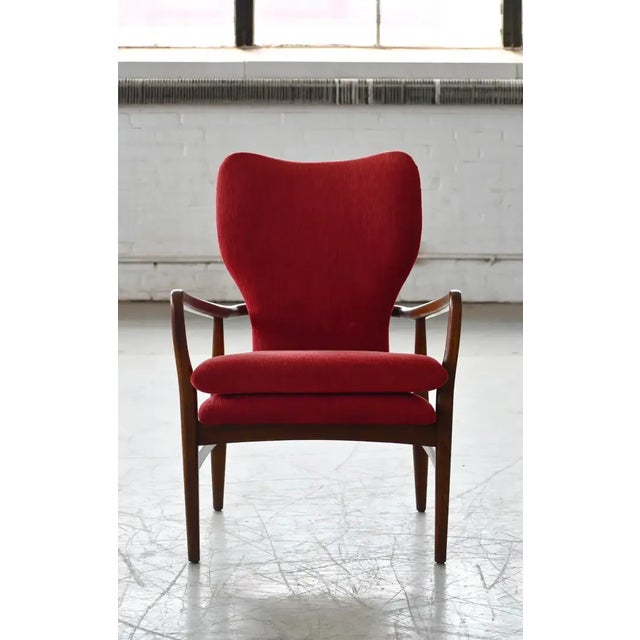 Mid-Century Modern Danish 1950's Lounge Chair With Slim Sculptural Carved Oak Frame For Sale - Image 3 of 9