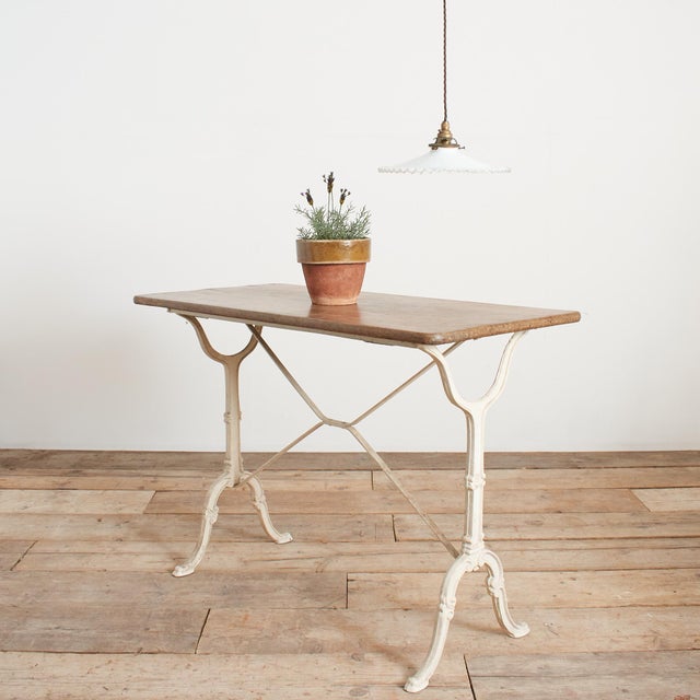 Antique French Wrought Iron Garden Bistro Table with Wooden Top, 1920s For Sale - Image 9 of 10