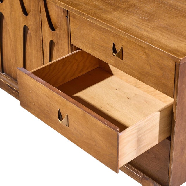Brown Broyhill Brasilia Mid Century Walnut and Brass Lowboy 9 Drawer Dresser For Sale - Image 8 of 10