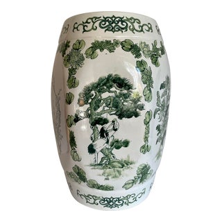 Asian Chinoiserie Green and White Ceramic Drum Garden Stool For Sale