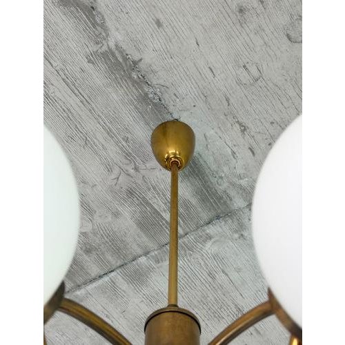 Mid-Century Modern Brass and Opaline Glass 6-Globe Chandelier, 1960s For Sale - Image 9 of 10
