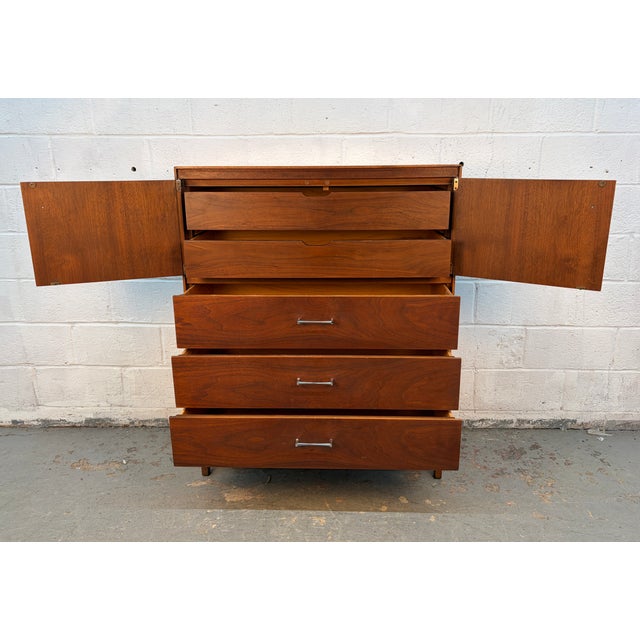 Mid 20th Century Modern Walnut Highboy Dresser With Cabinet Doors For Sale - Image 9 of 14