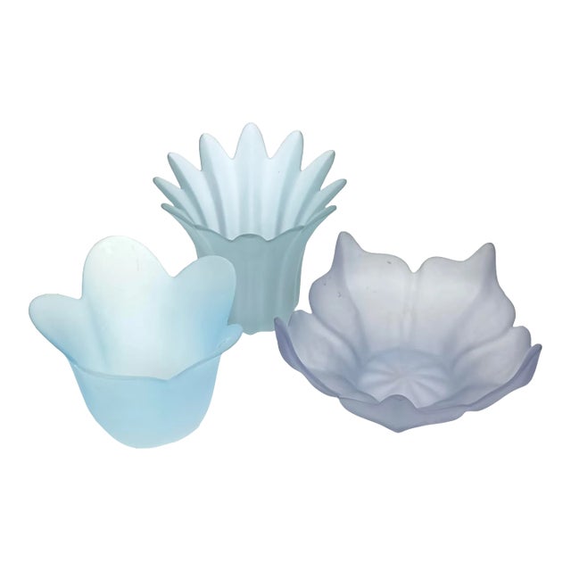 Frosty Blue & Lilac Glass Flower Vessels - Group of 3 For Sale