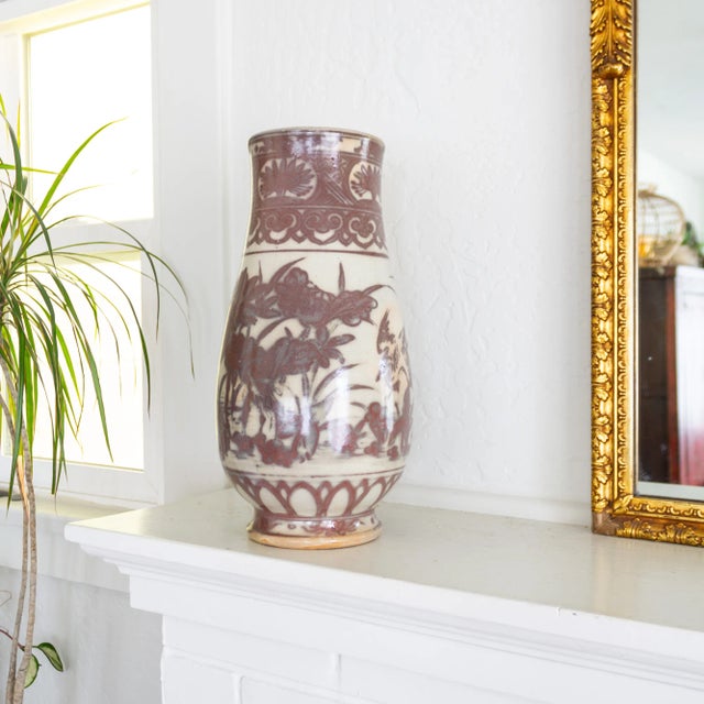 Large Early 20th Century Ming Style Vase With Mauve Cranes and Lotus Flowers For Sale - Image 4 of 11