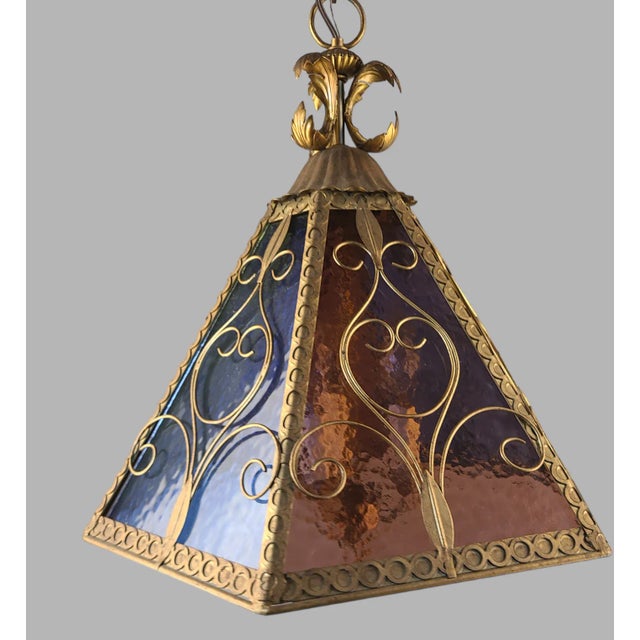 Vintage Multi Color Slag Glass Italian Tole Gilded Pendant Light Fixture For Sale - Image 6 of 11