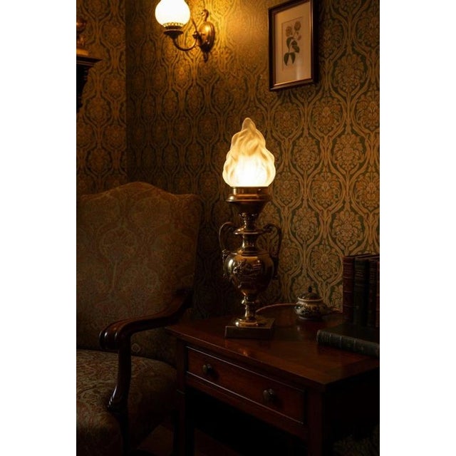 Art Deco Mid-Century Brass Table Lamp with Opaline Flame Shade, 1940s For Sale - Image 3 of 18