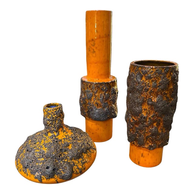 Three 1980s Modernist Orange and Black Fat Lava Ceramic German Vases For Sale
