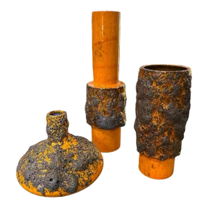 Three 1980s Modernist Orange and Black Fat Lava Ceramic German Vases