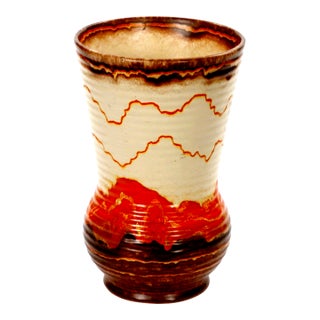 Mid-Century West German Glazed Porcelain Vase, Orange, Eggshell & Brown 10" Tall For Sale