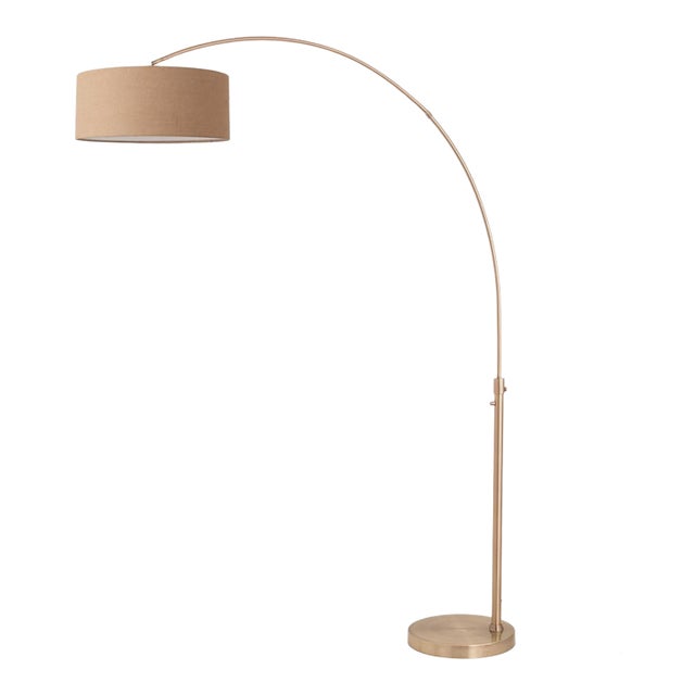 1960s Nova of California Float Brass Floor Lamp Modern Arc Lamp, Burlap Drum Shade, Dimmable For Sale