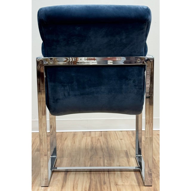 Vintage Newly Upholstered Blue Velvet Chrome Sling Chairs, a Pair For Sale - Image 13 of 18