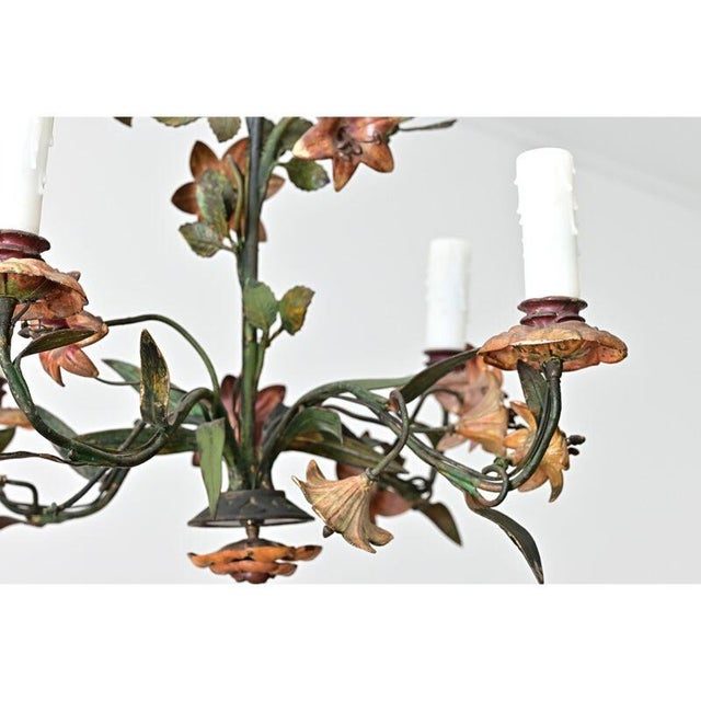 French Vintage Tôle Painted Floral Chandelier For Sale - Image 13 of 13