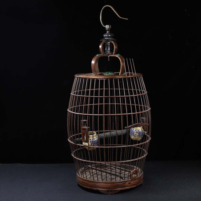 Vintage Hardwood Birdcage With Gemstone Inlay and Porcelain Cups For Sale In Los Angeles - Image 6 of 9
