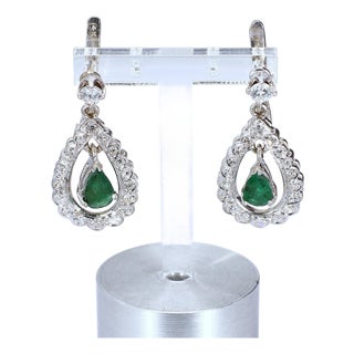 14k White Gold Emerald & Diamond Pear-Shaped Drop Earrings, A Pair For Sale