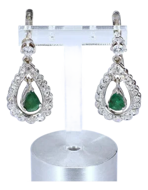 14k White Gold Emerald & Diamond Pear-Shaped Drop Earrings, A Pair