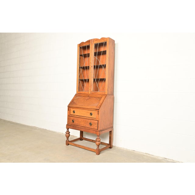 Antique English Art Deco Carved Oak Drop Front Secretary Desk With Leaded Glass Bookcase Hutch For Sale - Image 17 of 17