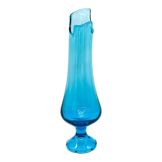 Mid Century Modern Teal Blue Glass Swung Vase For Sale