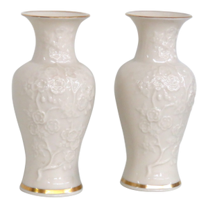 Lenox Ming Blossom Vase Pair of 2 Embossed Ivory Porcelain With Gold Trim 4930b