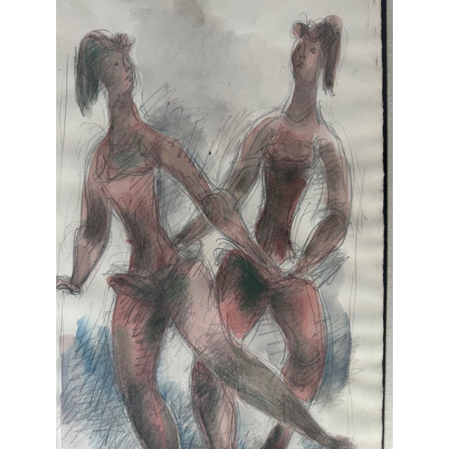 Two stylised female dancers posed on a round plinth, drawn as a sculpture group: the dancer-and-acrobat subject Chaim...