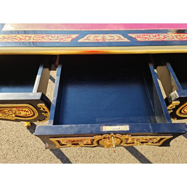 Boulle Style Writing Desk/ Table Bureau Plat French Style Marquetry Inlay With Burgundy Faux Leather on the Top For Sale - Image 12 of 12