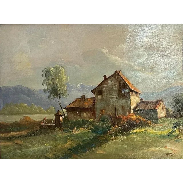 Oil on panel, Farmhouse in the Countryside, 19th century, signed Tessari A refined painting executed with attention to...