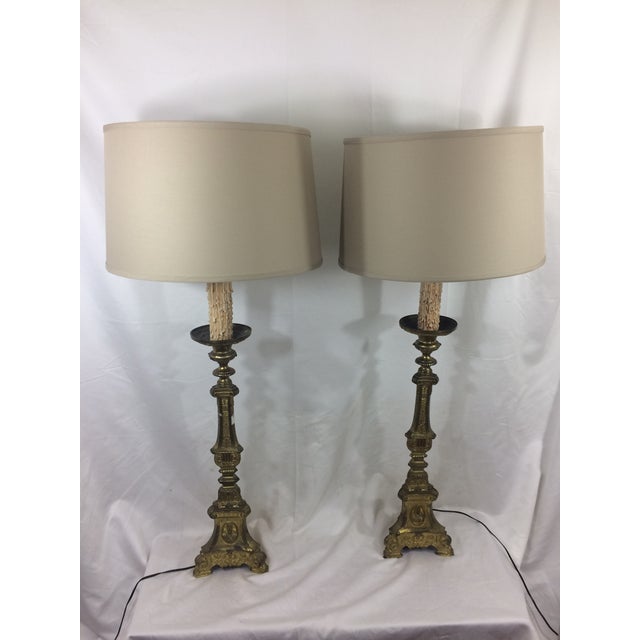 Stately bronze lamps dating from the 1870's. Newly rewired and outfitted with new neutral shades. Good condition, as shown...