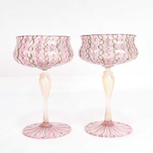 Mid-Century Modern Pair of Venetian / Salviati Murano Glass Latticino Toasting Champagne Glasses For Sale - Image 3 of 15