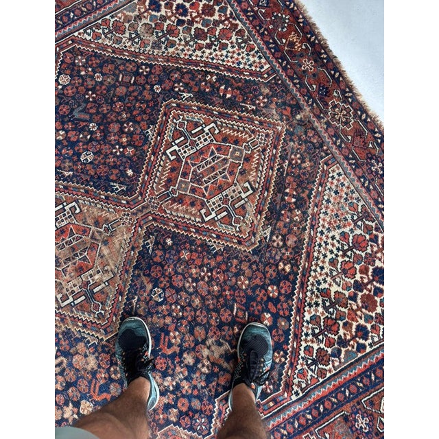 1920s Southwest Persian Khamseh Deep Blues, Amber, Peacock Green Rug 7.8 x 9 For Sale - Image 4 of 13