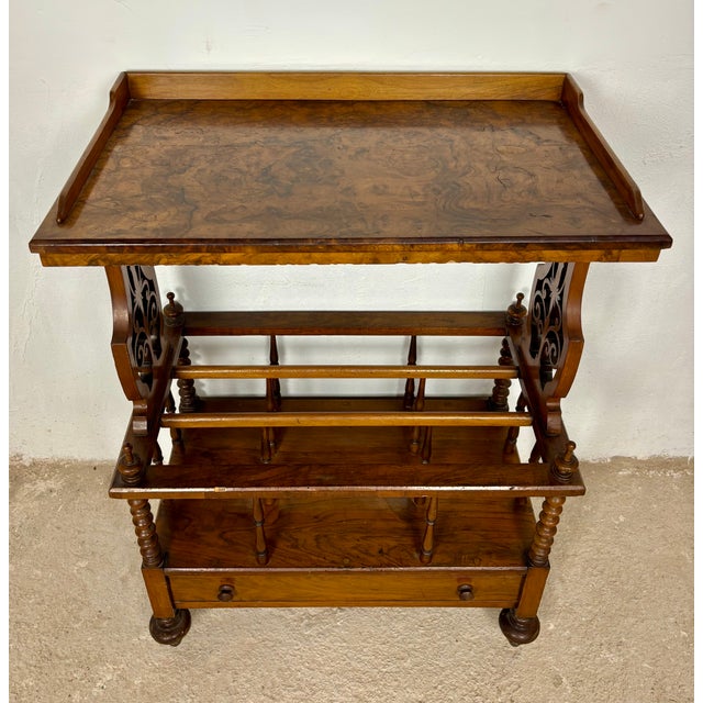 Victorian Walnut Canterbury Magazine Rack with Tray Top, 1930 For Sale - Image 4 of 11