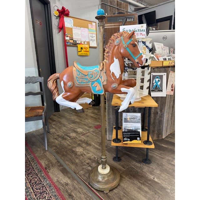 Hand Painted Antique Carousel Horse With Brass Torchiere Stand For Sale - Image 12 of 16