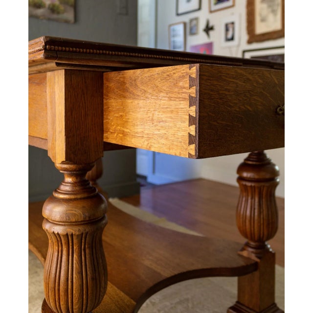 19th Century Jacobean Revival Tiger Oak Library Table or Center Table With Drawers For Sale - Image 12 of 18