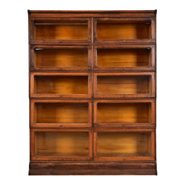 Antique Arts & Crafts Tiger Oak Double Five-Stack Barrister Bookcase, Circa 1900 For Sale