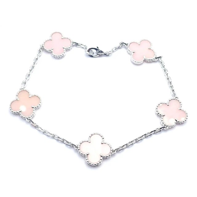 Contemporary Late 20th Century Van Cleef & Arpels Pink Opal Vintage Alhambra Five Motif White Gold Bracelet For Sale - Image 3 of 14