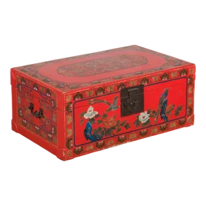 Vintage Chinese Red Lacquer Blanket Chest with Egrets, Bats and Floral Motifs