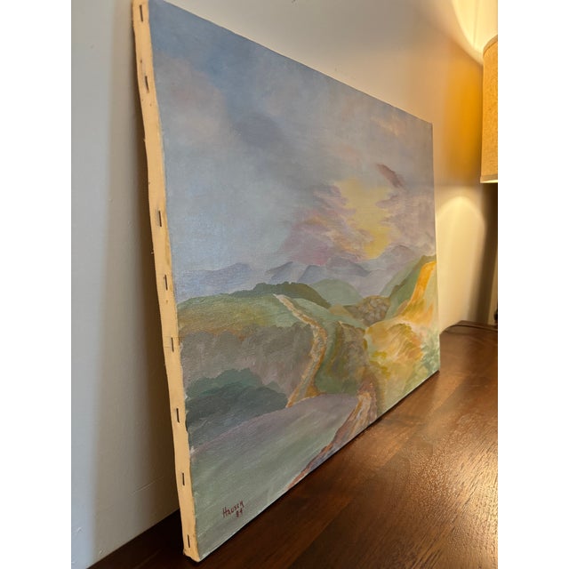 1980s Original Landscape Painting in Pastel Tones, Signed and Dated For Sale - Image 11 of 11